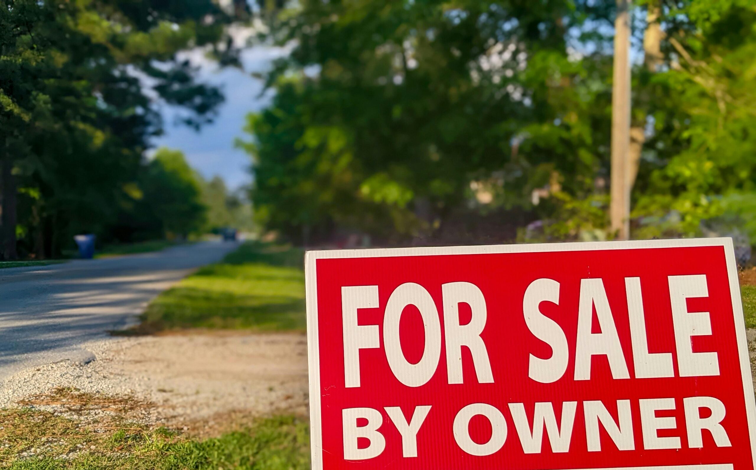 Close-up of a red 'For Sale By Owner' sign alongside a rural road with trees.